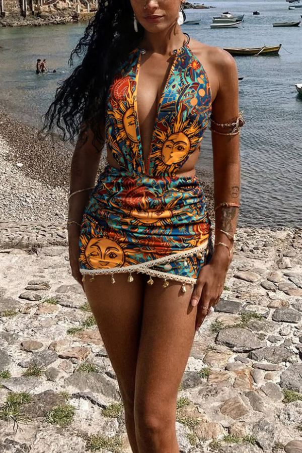 Unique Print Halter Neck Backless Tie Fitted Mini Dress-consonak