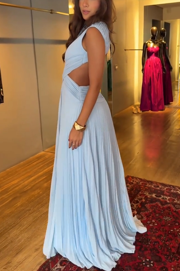 Tamia Pleated Chiffon Fabric Crossover Cutout Waist Open Back Maxi Dress-consonak