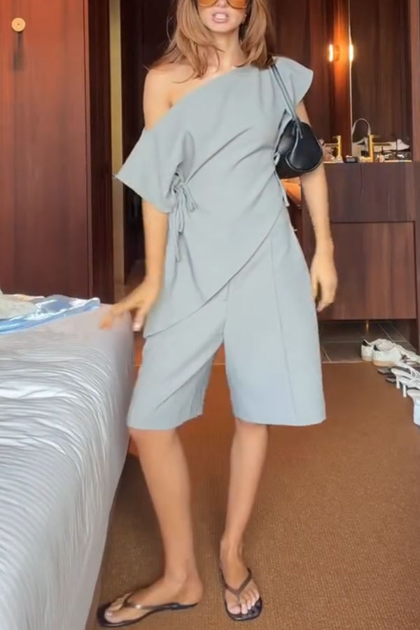 Modern Stylish Off Shoulder Side Lace-up Top and Mid Rise Pocket Bermuda Shorts Set-consonak