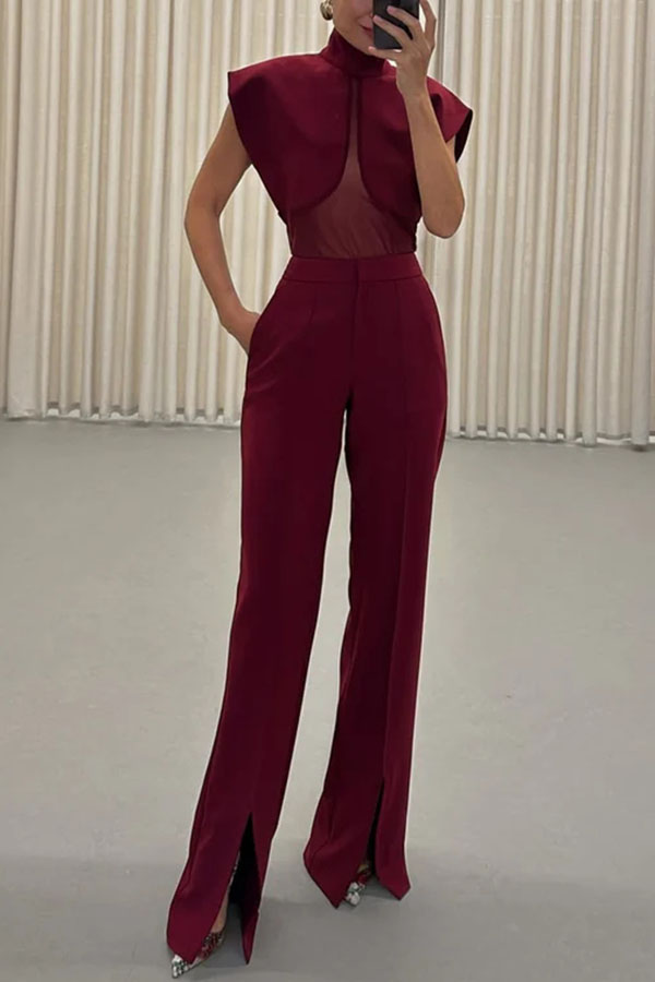 Vita Mesh Patchwork High Neck Wide Sleeve Bodysuit and High Rise Pocket Slit Pants Set-consonak