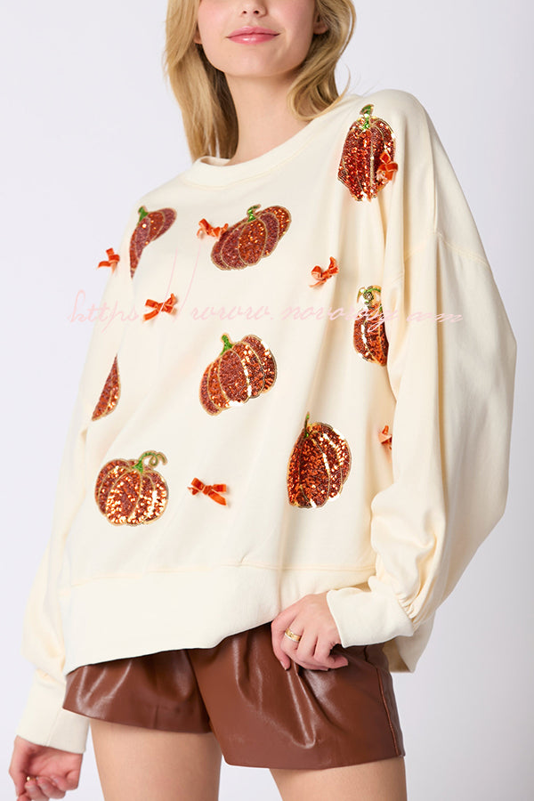 Halloween Colorful Pumpkin Embroidered Loose Casual Sweatshirt-consonak