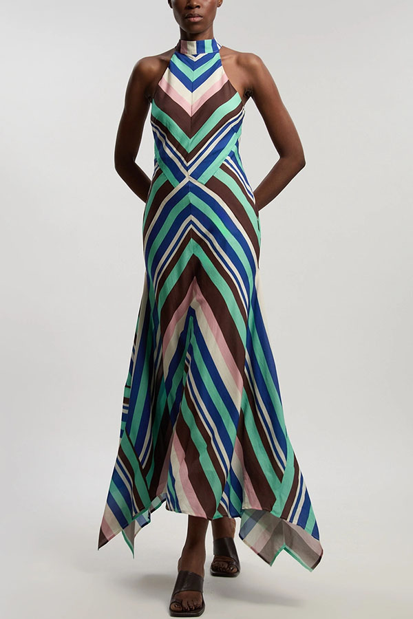 Nida Satin Multi Fluid Stripe Halter Open Back Asymmetrical Hem Maxi Dress