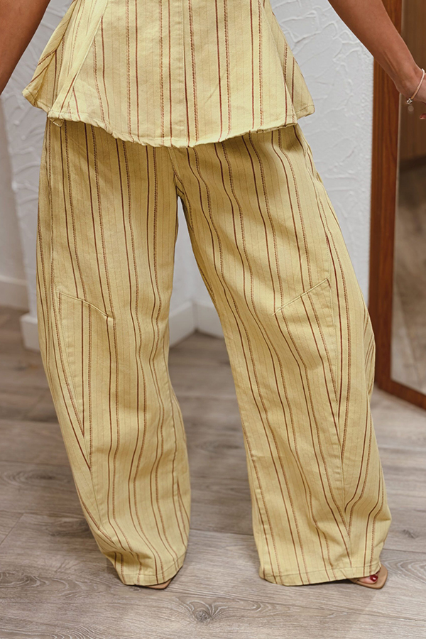 City Outfit Striped Peplum Hem Top and Elastic Waist Pocket Wide Leg Pants Set | Consonak