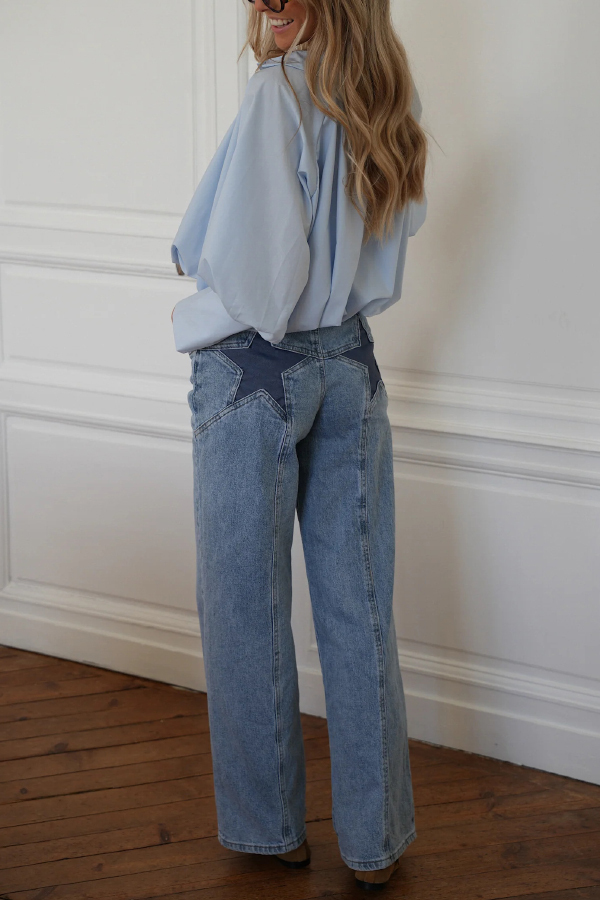 Stylish Denim Colorblock Star Patterned Mid Waist Pocket Wide Leg Jeans