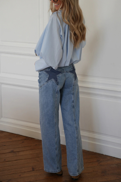 Stylish Denim Colorblock Star Patterned Mid Waist Pocket Wide Leg Jeans
