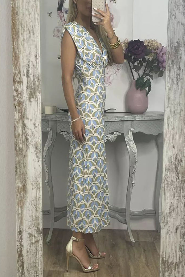 Forever Here Printed Padded Shoulder Front Center Slit Midi Dress-consonak