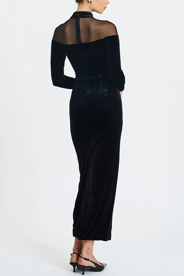 Fashionable Velvet and Mesh Spliced ​​long-sleeved Slim-fit Maxi Dress-consonak