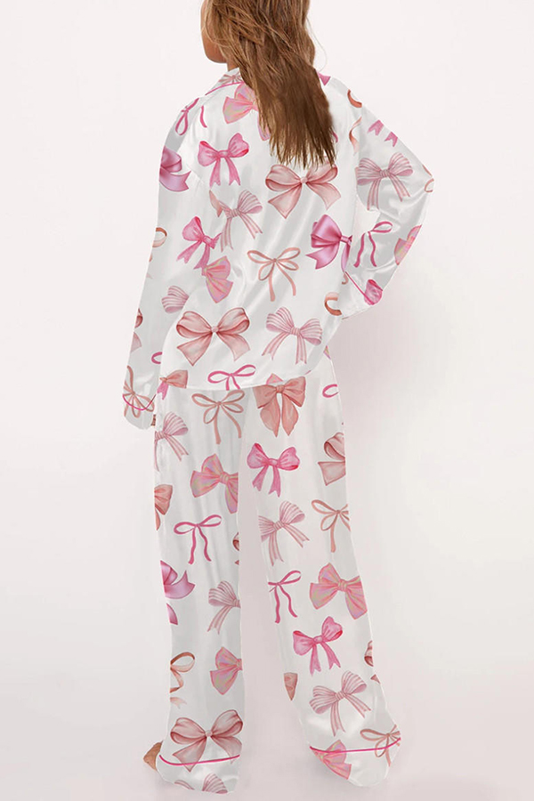 Stylish Bow-print Casual Long-sleeved Shirt and Elastic-waisted Wide-leg Pants Set-consonak