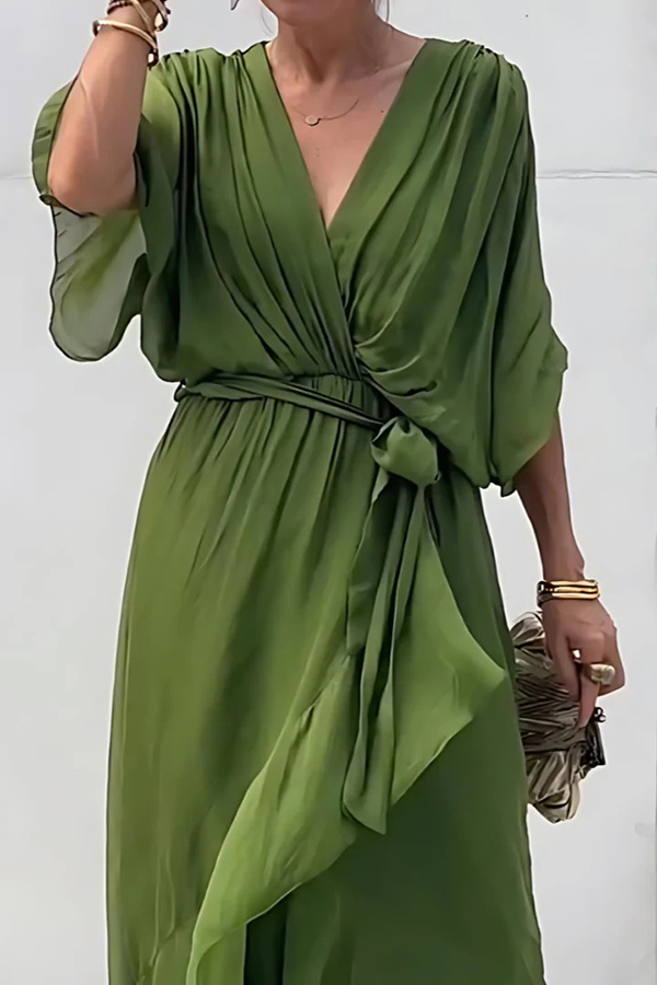 Solid Color V-neck Bat Sleeve Lace-up Irregular Hem Midi Dress-consonak