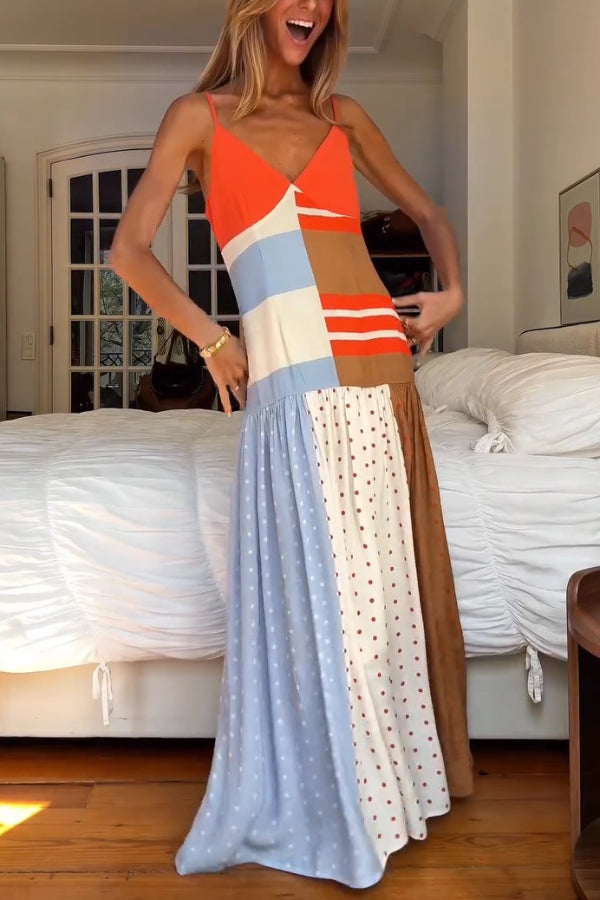 Vibrant Touch Color-blocked Polka Dot Print Slip Pleated Hem Maxi Dress | Consonak