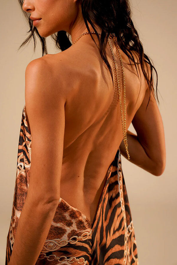 Savana Animal Paisley Print Metal Ring Halter Backless Vacation Maxi Dress