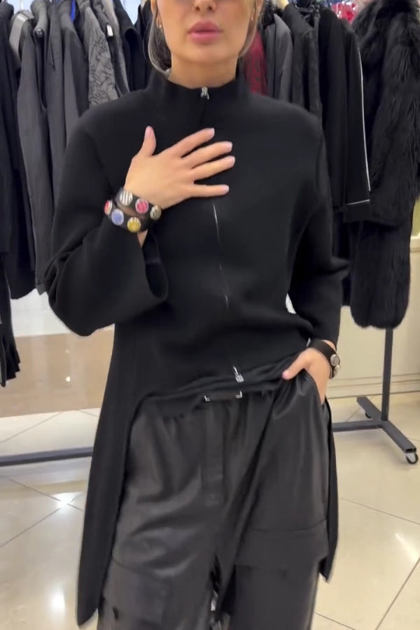 Solid Color Zipper Long-sleeved Irregular Casual Jacket