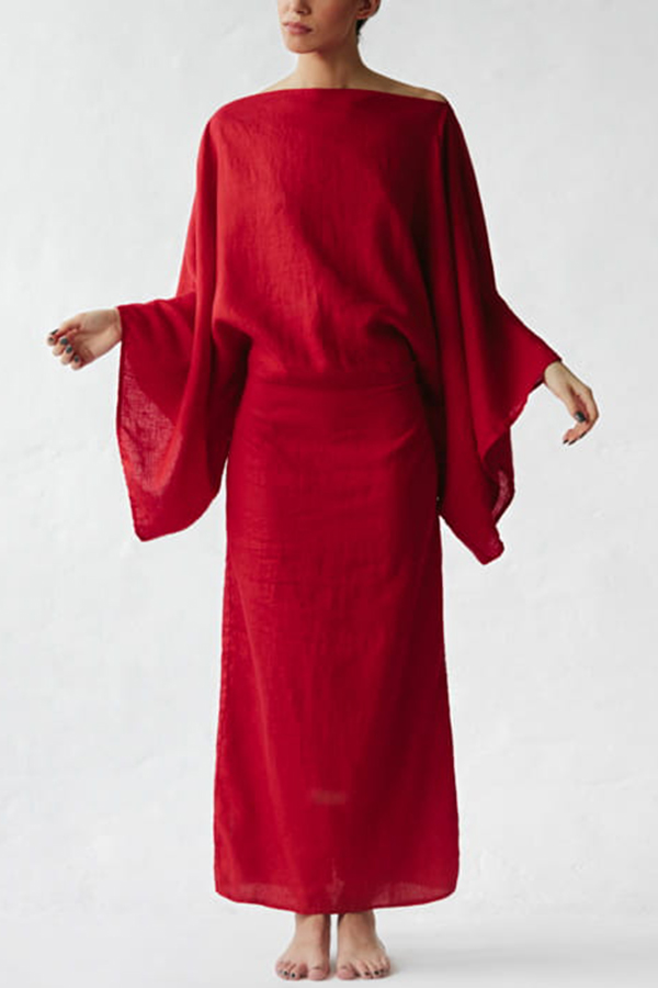 Stacie Linen Blend Wide Neck Batwing Sleeves Tie-up Waist H-line Maxi Dress
