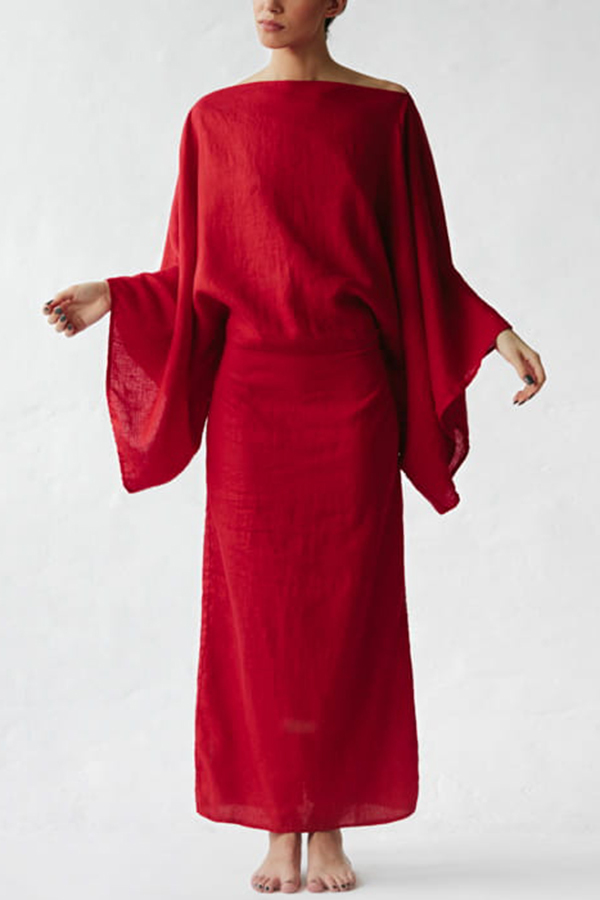 Stacie Linen Blend Wide Neck Batwing Sleeves Tie-up Waist H-line Maxi Dress