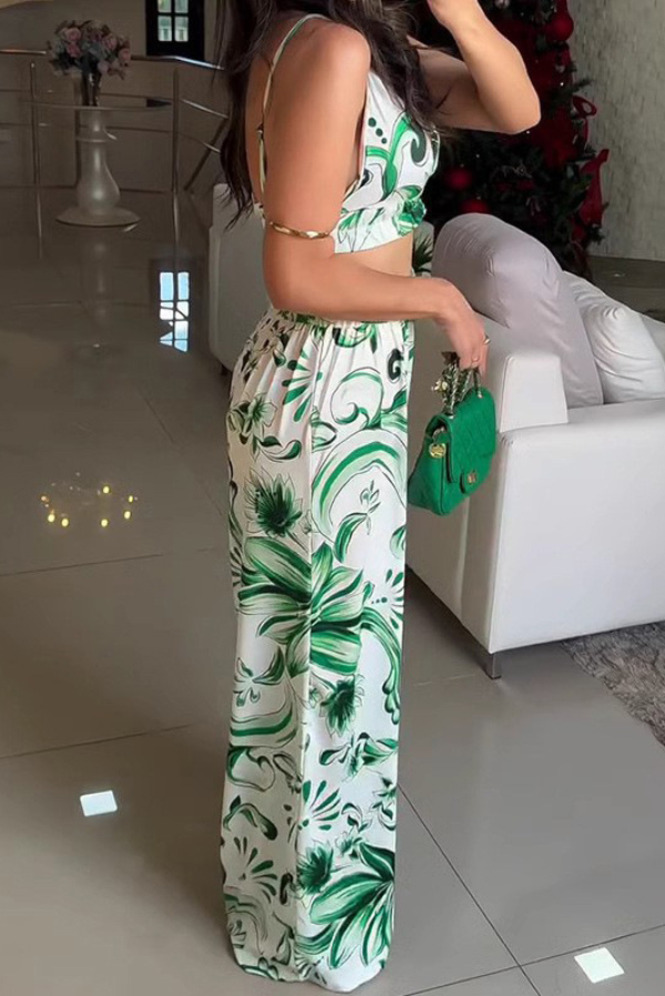 Floral Print V-neck Camisole Top and Elastic Waist Wide-leg Pants Set