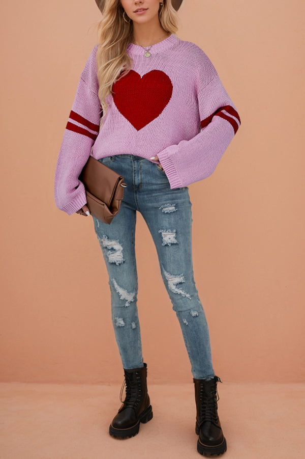 Fashionable Heart-shaped Jacquard Long-sleeved Loose Knit Sweater-consonak