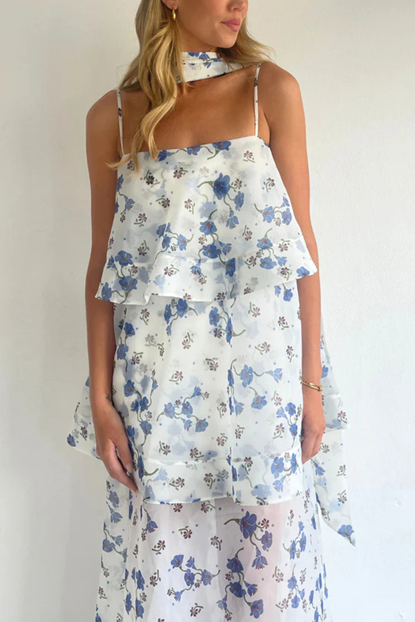 Ameile Organza Floral Print Tiered Slip Square Neck Scarf A-line Maxi Dress