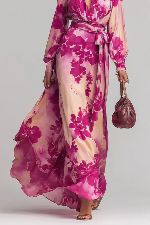 Floral Print Chiffon Long-Sleeved V-Neck Tie Waist Elegant Maxi Dress | Consonak