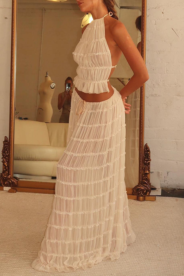 Versatile retro charm pleated drawstring waistline long skirt set | Consonak