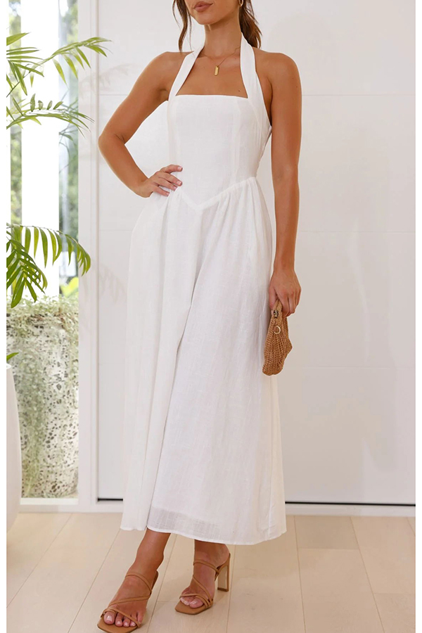 Brunch in Bali Linen Blend Halter Neck Pocketed Maxi Dress-consonak
