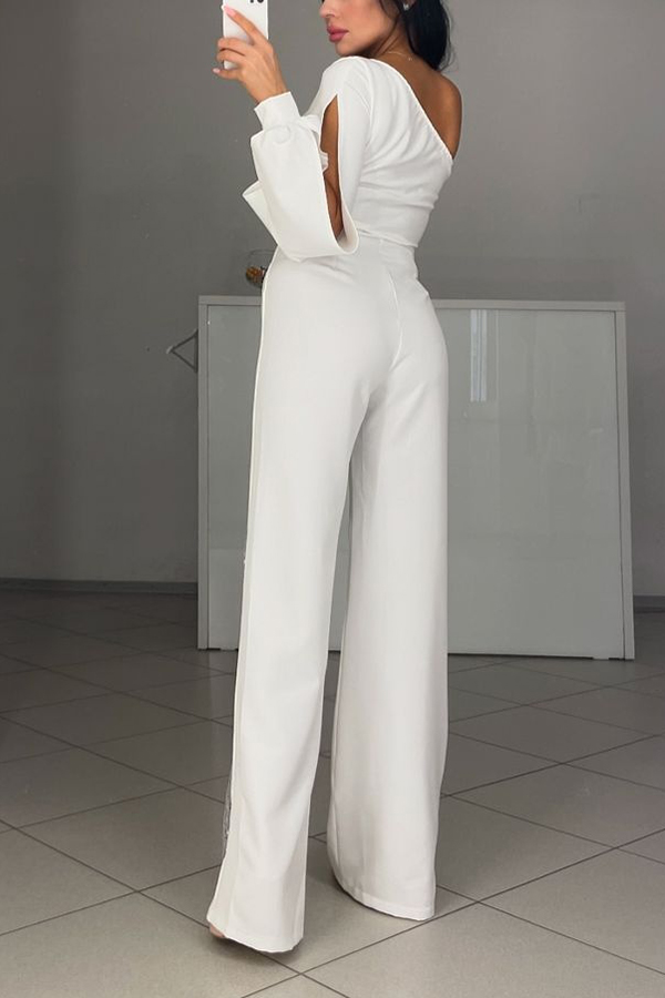 Fashionable Oblique Shoulder One-sleeve Sexy High Slit Slim Jumpsuit-consonak