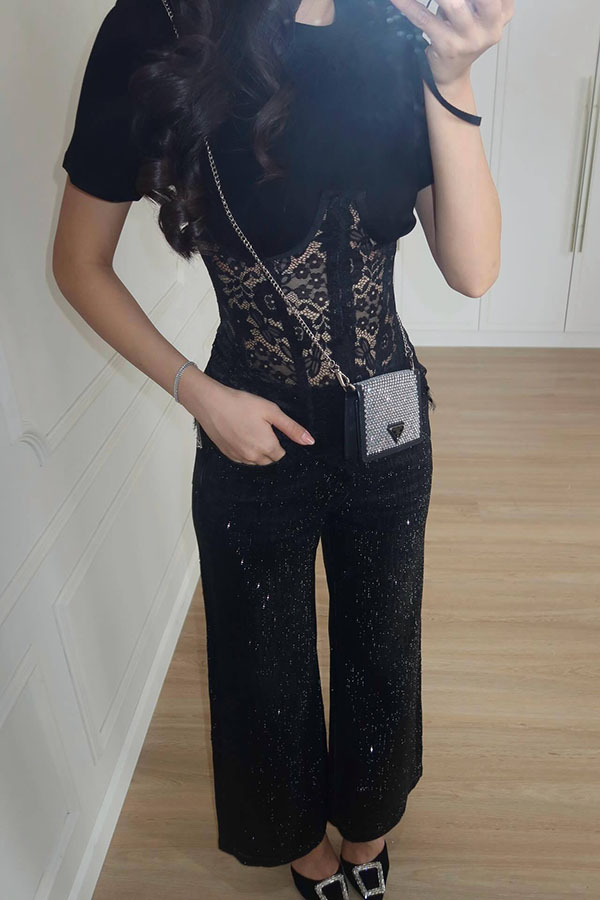 Deelia Lace Fishbone Short Sleeve Back Lace-up Waisted T-shirt-consonak