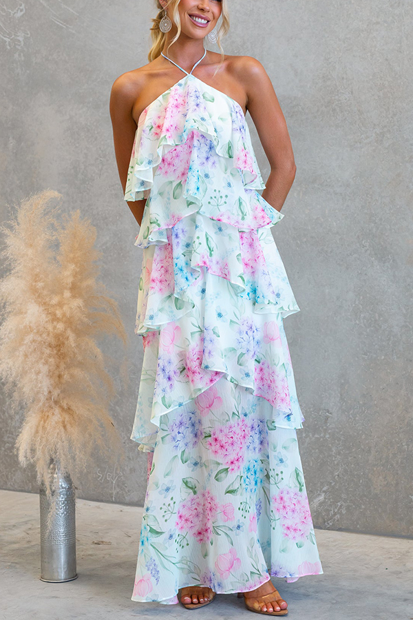Poetic Eden Chiffon Floral Print Tiered Ruffles Halter A-line Maxi Dress | Consonak