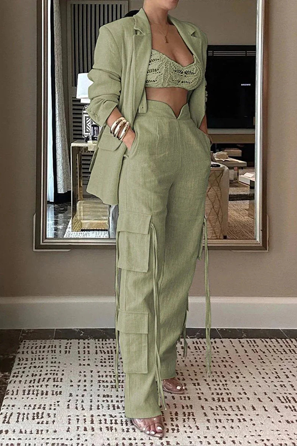 Stylish Lapel Long Sleeve Loose Jacket and Casual Pocket Lace-up Straight Leg Pants Set | Consonak