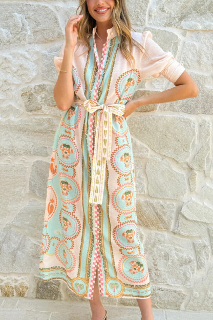 Unique Printed Puff Sleeve Button Lace Up Vacation Maxi Dress-consonak