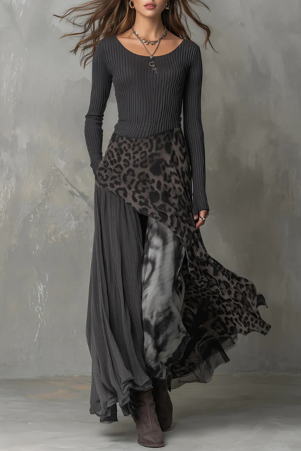 Stylish Leopard Print Patchwork Casual Long-sleeved Maxi Dress | Consonak