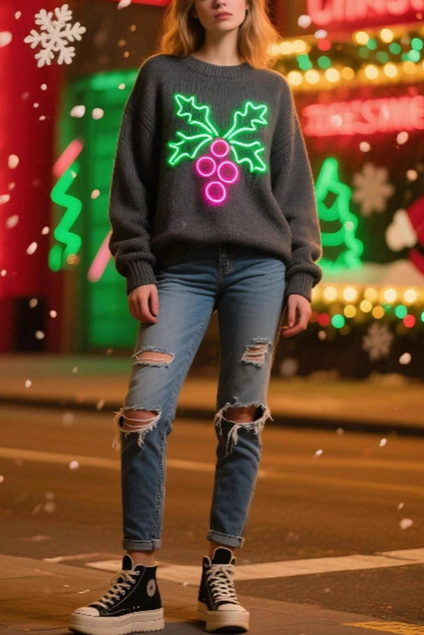 Christmas Holly Jacquard Loose Long-Sleeve Knit Sweater-consonak