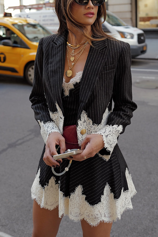 Emily in Paris Striped Lace Trim Lapel Crop Loose Blazer-consonak