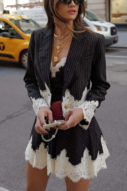 Emily in Paris Striped Lace Trim Lapel Crop Loose Blazer-consonak
