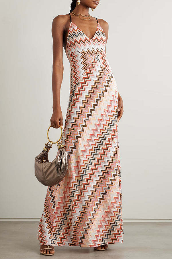 Colorful Zigzag Pattern Elegant Sling Backless Maxi Dress-consonak