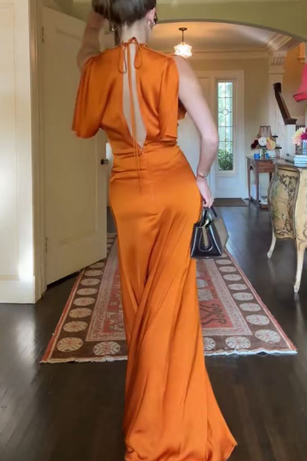 Isabella Satin Short Sleeve Ruched Waist V-shape Back Gown Maxi Dress-consonak