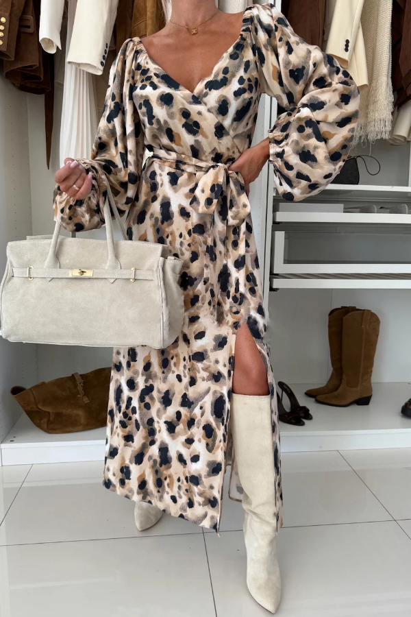 Unique Printed V-neck Long-sleeved Waist Tie Slit Maxi Dress-consonak