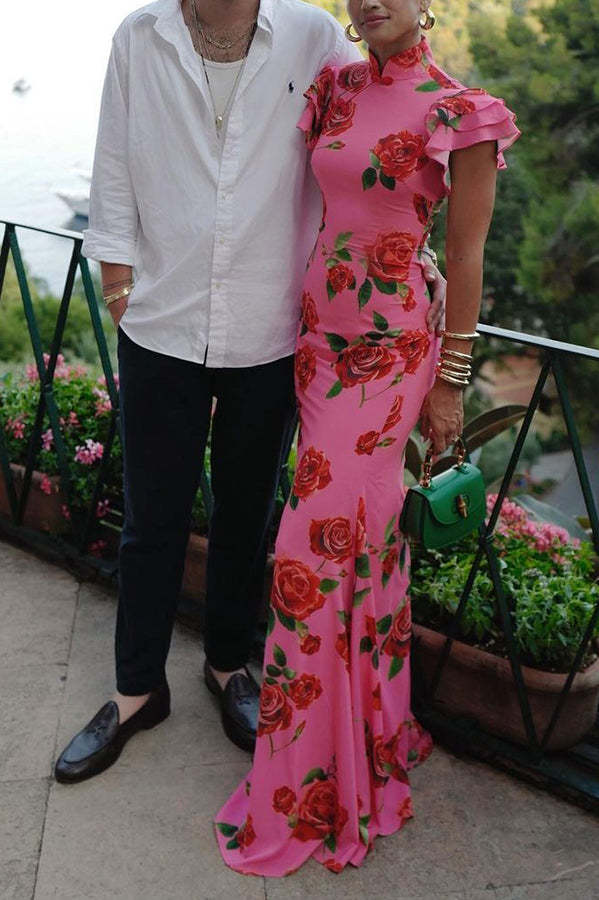 Elegant party cheongsam style rose print layered flared sleeve elastic long skirt-consonak