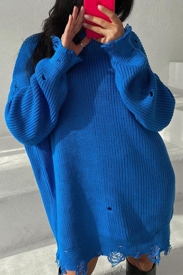 Solid Color Loose Ripped Knitted Mid-length Sweater-consonak