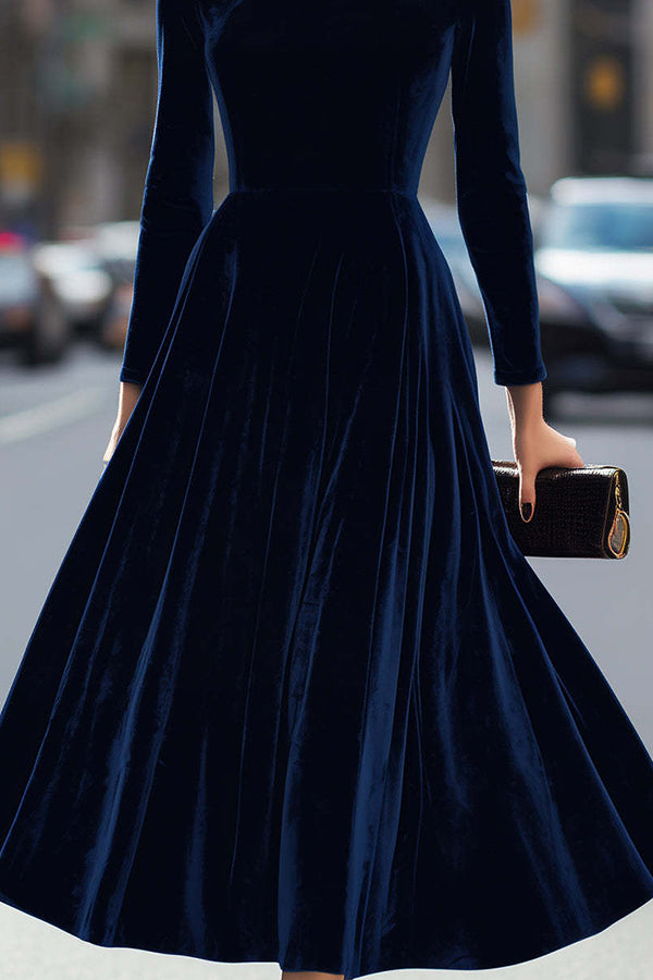 Solid Color Velvet Round Neck Long Sleeve High Waist Maxi Dress-consonak