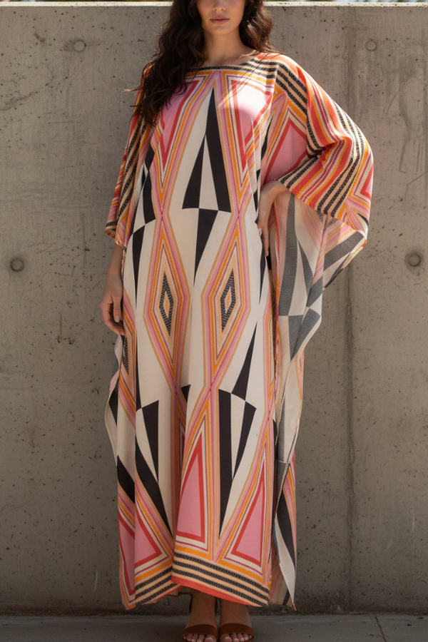 Unique Geometric Print Loose Round Neck Vacation Cover-up Maxi Dress