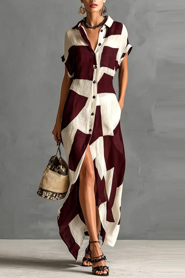 Geometric Color-blocked Print Lapel Short-sleeved Button-down Casual Maxi Dress