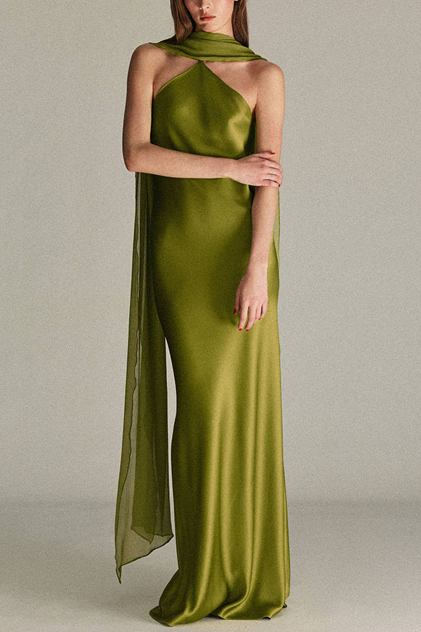 Elegant and Refined Satin Detachable Scarf-style Halter Maxi Dress | Consonak