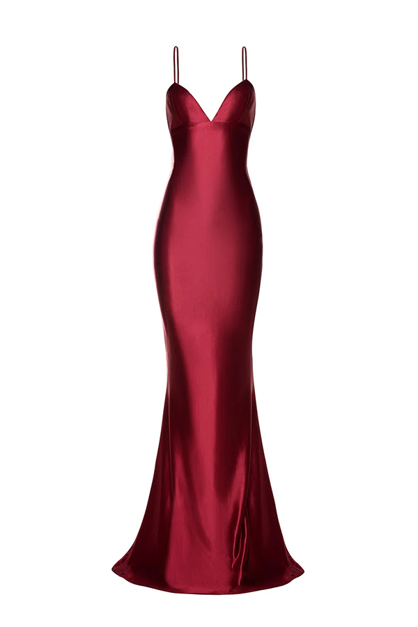 Mermaid Silhouette Satin Back Lace-up Ruched Slip Maxi Dress-consonak