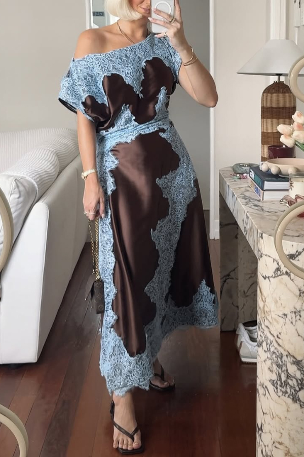 Fashionable Satin Lace Patchwork Asymmetrical Neckline and Fitted Waist Maxi Dress | Consonak
