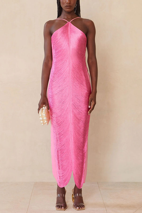 Sexy Allnight Metallic Halterneck Backless Fringed Slit Maxi Dress | Consonak