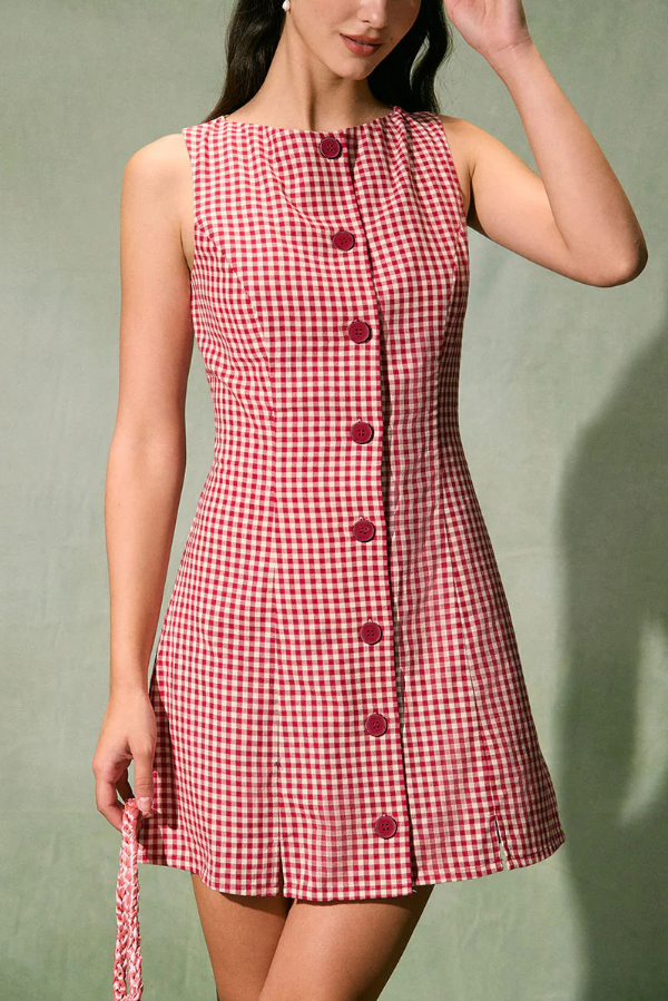 Retro Plaid Print Sleeveless Round Neck Button Casual Mini Dress | Consonak