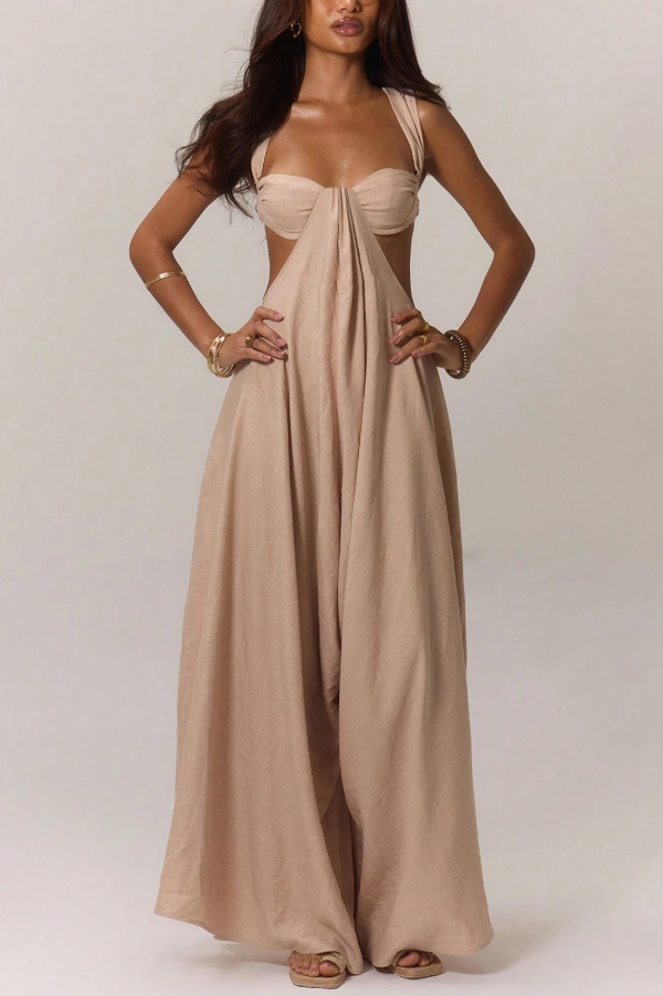 Solid Color Casual Camisole Loose Stretch Wide-leg Jumpsuit-consonak