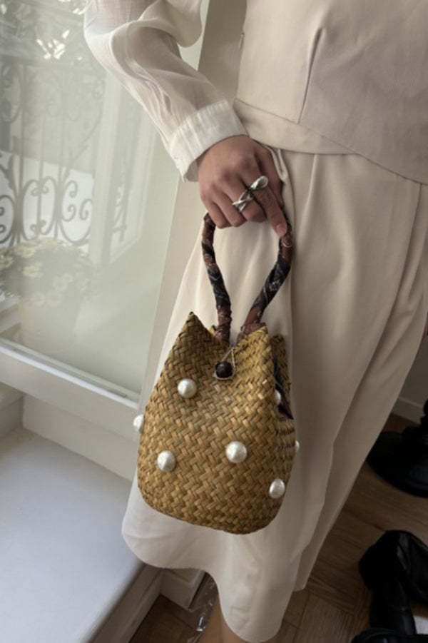 Fashionable Straw Pearl Embellished Bucket Bag-consonak