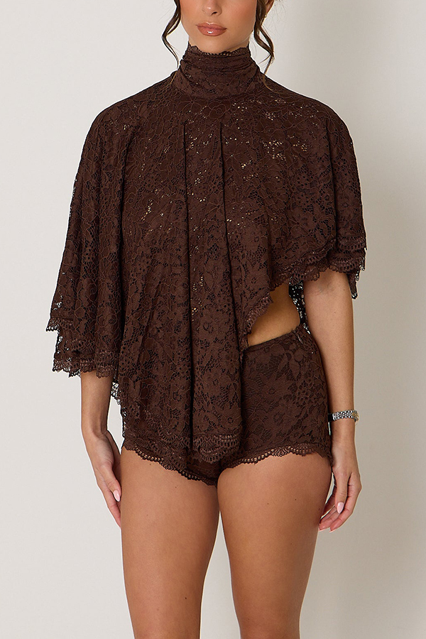 Carmen Lace Bow-tie Round Neckline Ruffle Cape Overlay Top