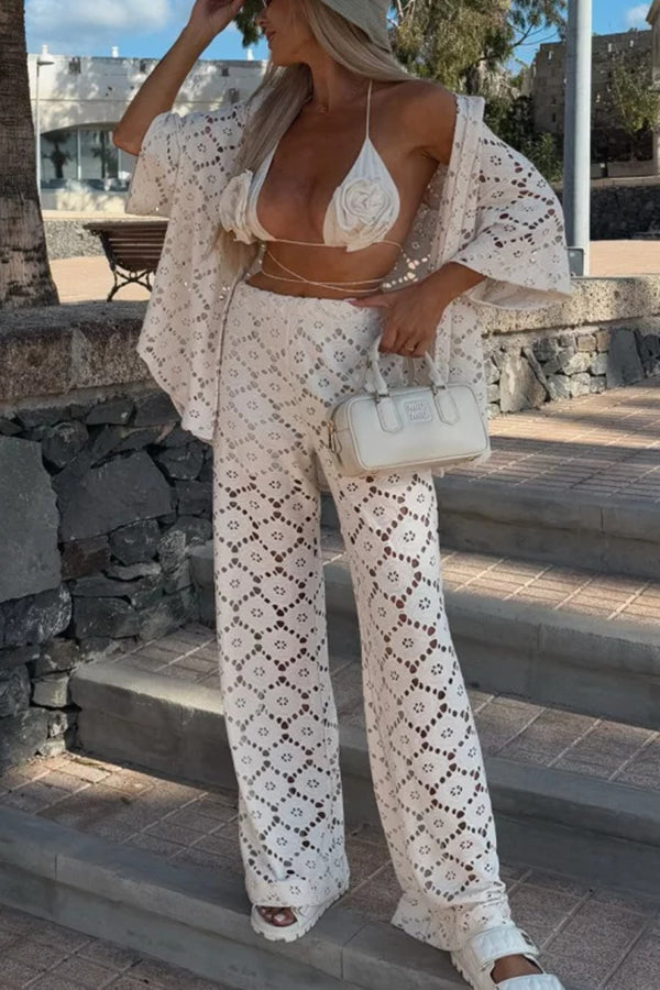Holiday Crochet Flowers Lace Short Sleeve Shirt and Elastic Waist Wide Leg Pants Set-consonak